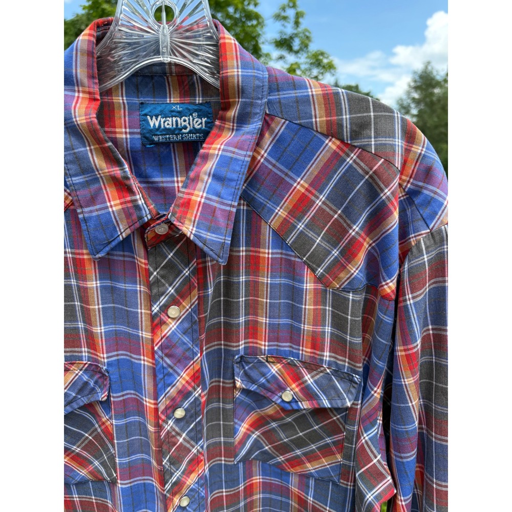 Wrangler Western Shirt XL Blue Red Plaid Pearl Snap Cowboy Americana Retro Thin